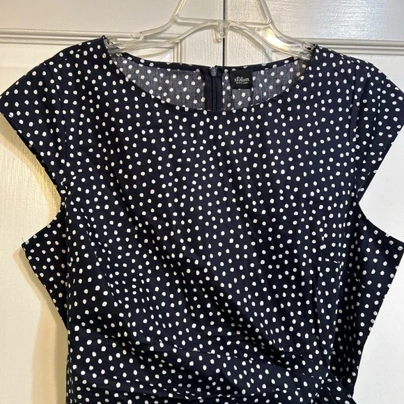 NWT s.OLIVER Black Label Dress Side Tie US Size 12 Blue Polka Dots Cap Sleeves - Picture 2 of 14